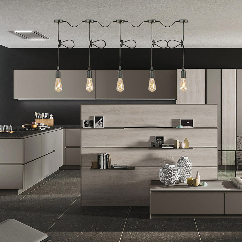 3/5/7-Light Bare Bulb Pendant Lighting Industrial Black Finish Metal Ceiling Light Fixture with Adjustable Cord 5 Black Clearhalo 'Art Deco Pendants' 'Black' 'Cast Iron' 'Ceiling Lights' 'Ceramic' 'Crystal' 'Industrial Pendants' 'Industrial' 'Metal' 'Middle Century Pendants' 'Pendant Lights' 'Pendants' 'Rustic Pendants' 'Tiffany' Lighting' 140713