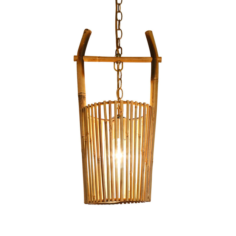 1 Head Restaurant Pendant Lighting with Bucket Bamboo Shade Lodge Stylish Beige Ceiling Light Fixture Clearhalo 'Ceiling Lights' 'Modern Pendants' 'Modern' 'Pendant Lights' 'Pendants' Lighting' 140733