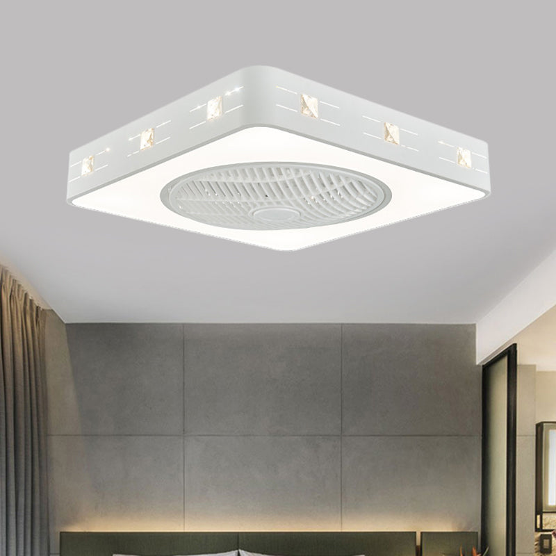 Square Embellished Crystal Hanging Fan Lamp Contemporary 21.5" Width LED Bedroom Semi Flush Light in White White B Clearhalo 'Ceiling Fans with Lights' 'Ceiling Fans' 'Modern Ceiling Fans' 'Modern' Lighting' 1409146