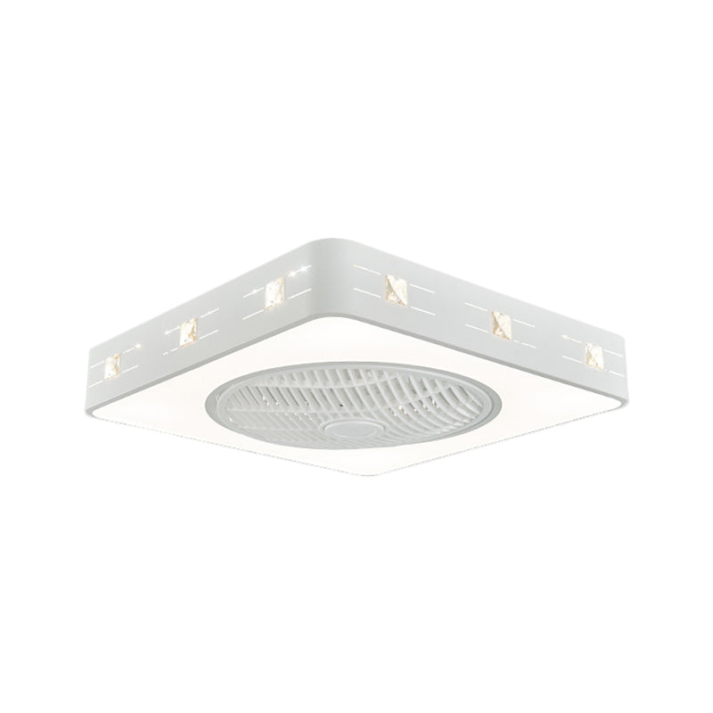 Square Embellished Crystal Hanging Fan Lamp Contemporary 21.5" Width LED Bedroom Semi Flush Light in White Clearhalo 'Ceiling Fans with Lights' 'Ceiling Fans' 'Modern Ceiling Fans' 'Modern' Lighting' 1409149