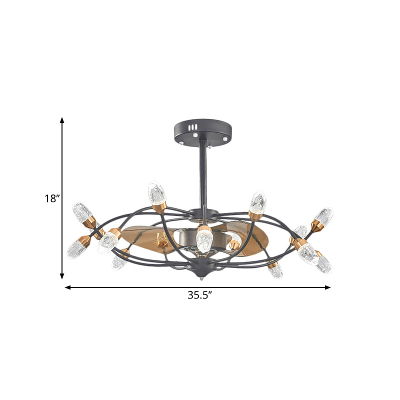 Black 15 Heads Semi Flush Traditional Bubble Crystal Shade Bent Arm Frame Pendant Fan Lamp with 3 Blades, 35.5" Width Clearhalo 'Ceiling Fans with Lights' 'Ceiling Fans' Lighting' 1409170