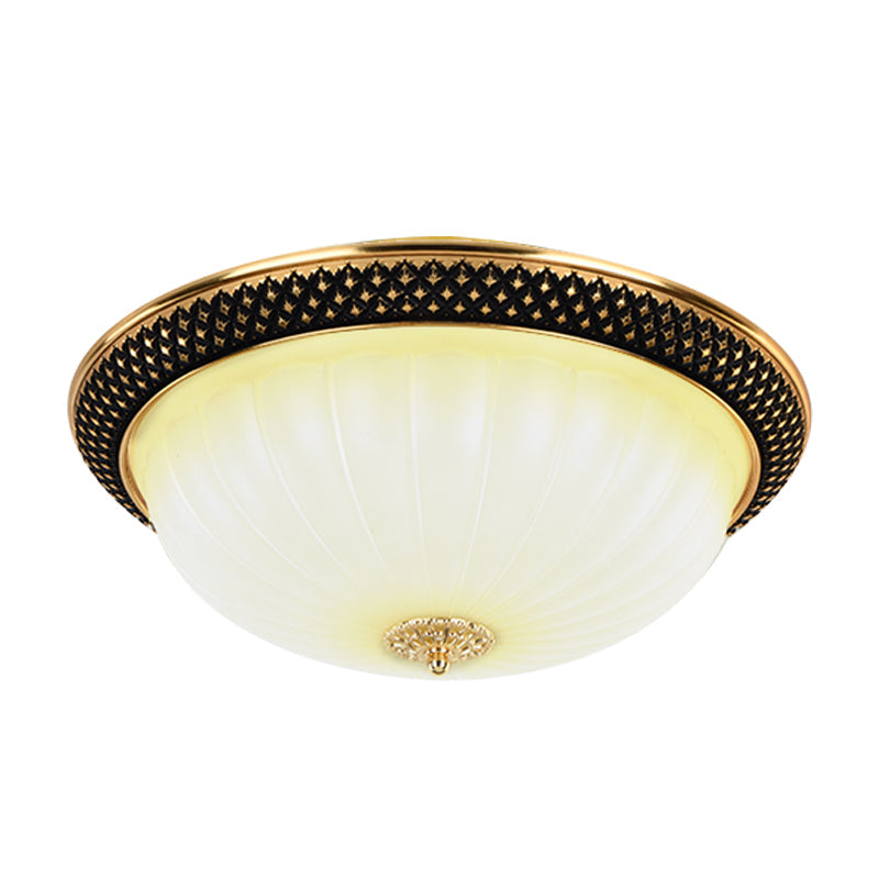 Semi-Orb Corridor Flush Mount Vintage Fluted Opal Glass Black and Gold LED Ceiling Lighting, 11"/15" Width Clearhalo 'Ceiling Lights' 'Close To Ceiling Lights' 'Close to ceiling' 'Flush mount' Lighting' 1409243