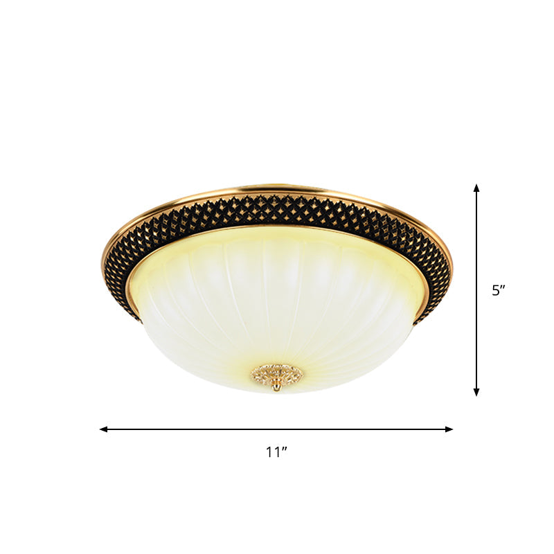 Semi-Orb Corridor Flush Mount Vintage Fluted Opal Glass Black and Gold LED Ceiling Lighting, 11"/15" Width Clearhalo 'Ceiling Lights' 'Close To Ceiling Lights' 'Close to ceiling' 'Flush mount' Lighting' 1409245