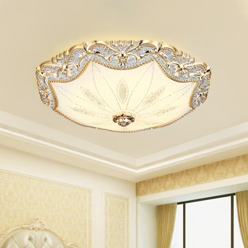 Blossom Milky Glass Ceiling Lighting Vintage Dining Hall LED Flush Mount Light in Gold, 16"/19.5" Width Gold Clearhalo 'Ceiling Lights' 'Close To Ceiling Lights' 'Close to ceiling' 'Flush mount' Lighting' 1409266