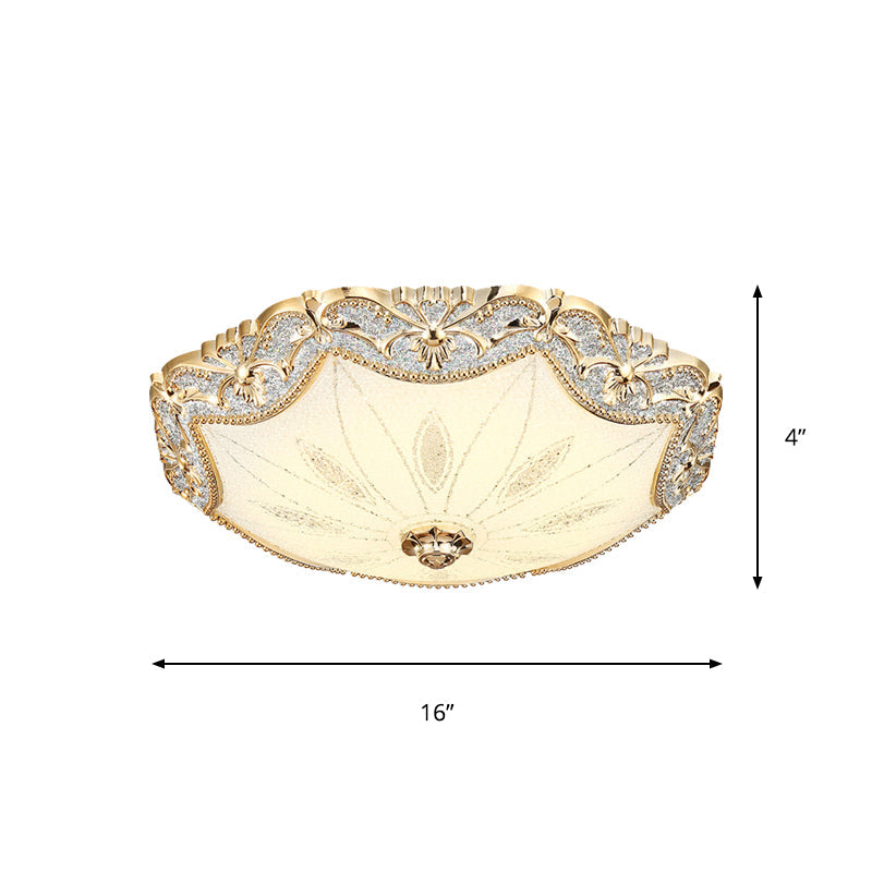 Blossom Milky Glass Ceiling Lighting Vintage Dining Hall LED Flush Mount Light in Gold, 16"/19.5" Width Clearhalo 'Ceiling Lights' 'Close To Ceiling Lights' 'Close to ceiling' 'Flush mount' Lighting' 1409269