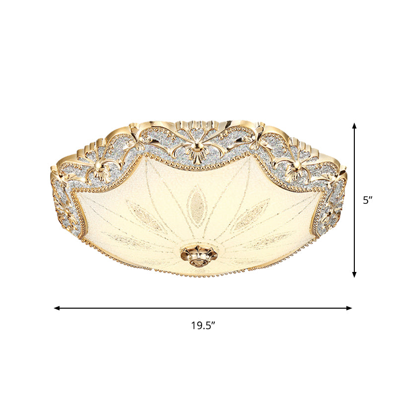 Blossom Milky Glass Ceiling Lighting Vintage Dining Hall LED Flush Mount Light in Gold, 16"/19.5" Width Clearhalo 'Ceiling Lights' 'Close To Ceiling Lights' 'Close to ceiling' 'Flush mount' Lighting' 1409270