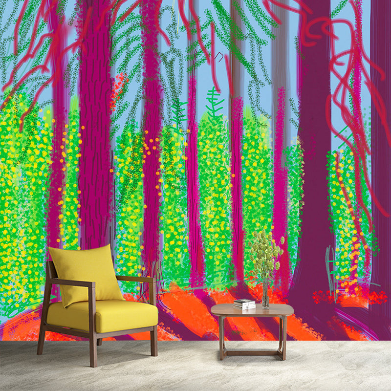 Purple-Green Forest Sunrise Mural Wallpaper Stain Resistant Wall Art for Living Room Clearhalo 'Wall Decor' 'Wall Mural' 1409473