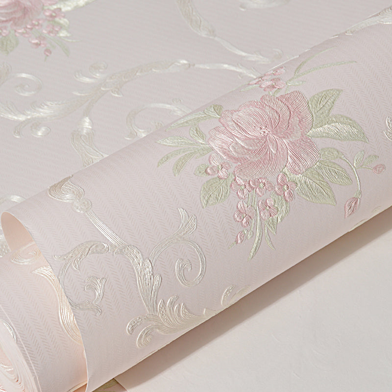 Semi-Gloss Soft Color Wallpaper Rustic Embroidered Peony Wall Art, 33' L x 20.5" W Light Pink Clearhalo 'Country wall decor' 'Rustic' 'Wallpaper' Wall Decor' 1410056