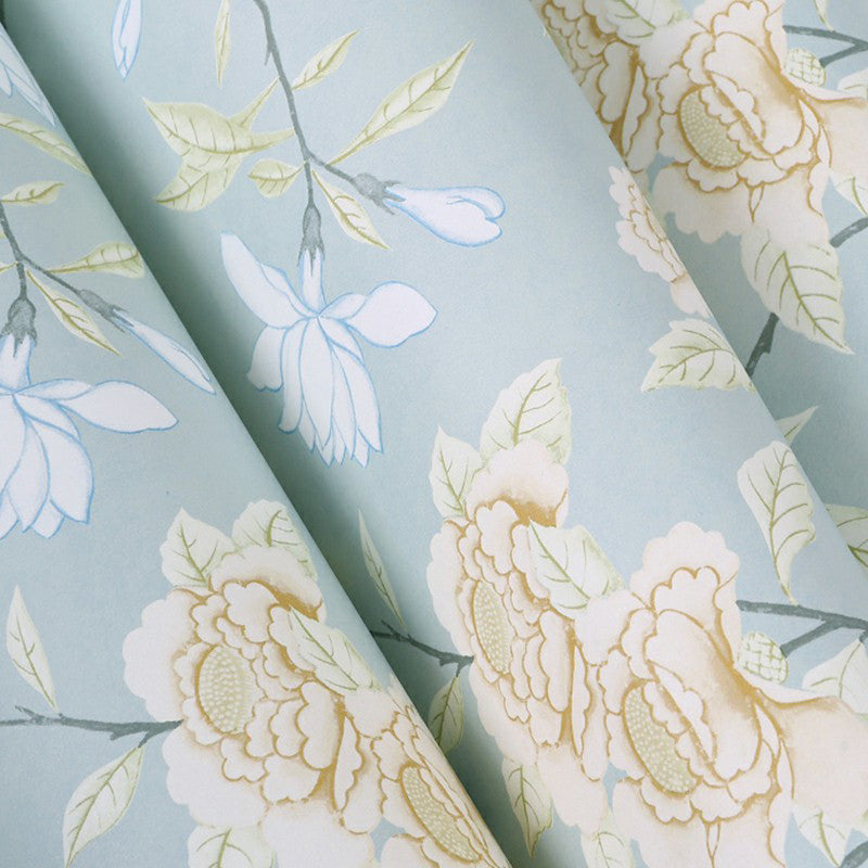 Sky Blue Rustic Wallpaper Roll 63.3-sq ft Blooming Flower Tress Wall Art for Bedroom Clearhalo 'Country wall decor' 'Rustic' 'Wallpaper' Wall Decor' 1410139