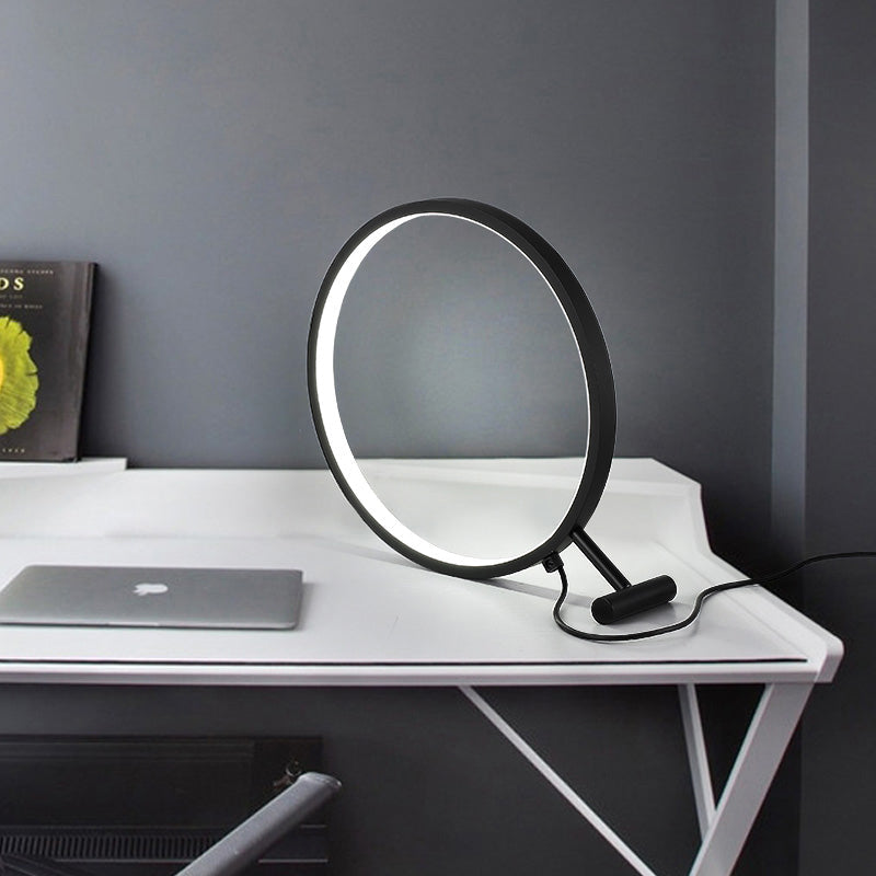 8"/12"/16" Dia Black/White Hoop Reading Lamp Modern LED 1 Light Acrylic Plug In Desk Light in Warm/White Light Black Clearhalo 'Lamps' 'Table Lamps' Lighting' 141050