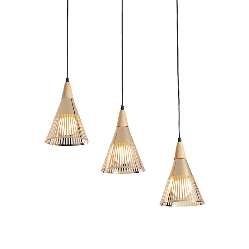 Nordic Cone Ceiling Light 3 Heads Metal and Wood Pendant Lighting with Wire Frame and Linear/Round Canopy in Black/White Clearhalo 'Ceiling Lights' 'Modern Pendants' 'Modern' 'Pendant Lights' 'Pendants' Lighting' 141095