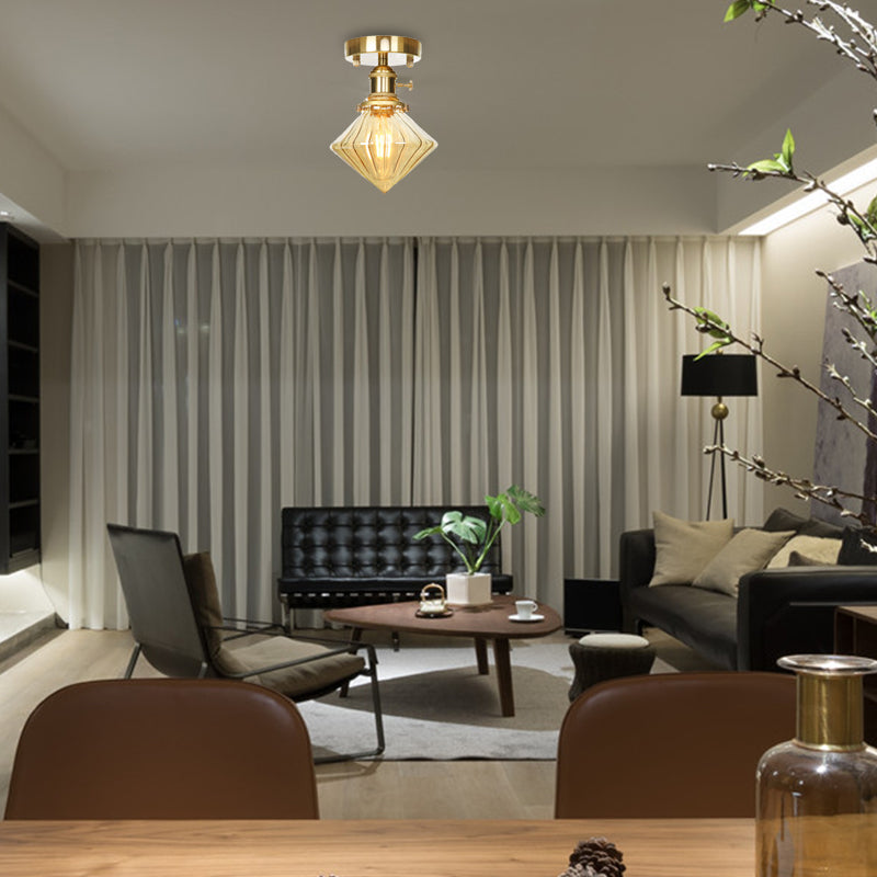 Gem Shade Living Room Semi Flush Industrial Prismatic Glass One Light Clear/Amber Lamping Amber Clearhalo 'Ceiling Lights' 'Close To Ceiling Lights' 'Close to ceiling' 'Glass shade' 'Glass' 'Semi-flushmount' Lighting' 141183