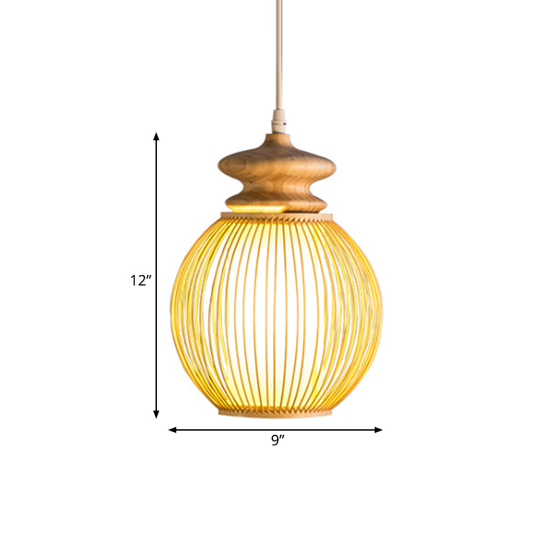 Bamboo Global Shade Hanging Lamp Asian Style 1 Light Ceiling Light Fixture with Wooden Cap in Beige, 9"/12" Dia Clearhalo 'Ceiling Lights' 'Pendant Lights' 'Pendants' Lighting' 141315