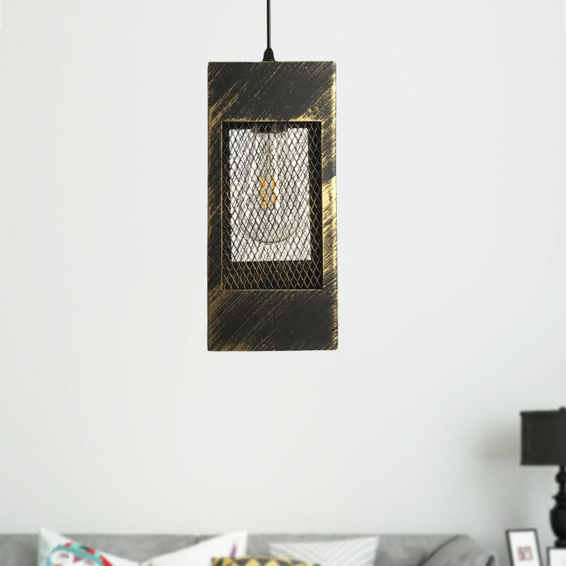Metal Rectangle Pendant Light Fixture Rustic Style 1 Light Bedroom Hanging Lamp with Mesh Shade in Aged Brass/Weathered Copper Clearhalo 'Art Deco Pendants' 'Cast Iron' 'Ceiling Lights' 'Ceramic' 'Crystal' 'Industrial Pendants' 'Industrial' 'Metal' 'Middle Century Pendants' 'Pendant Lights' 'Pendants' 'Tiffany' Lighting' 1416047