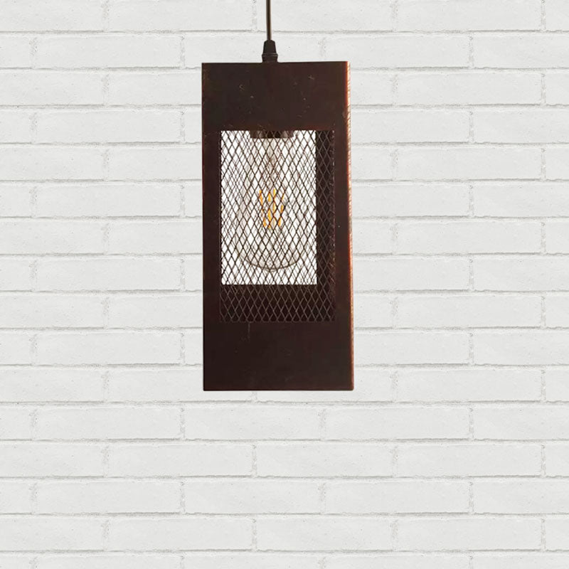 Metal Rectangle Pendant Light Fixture Rustic Style 1 Light Bedroom Hanging Lamp with Mesh Shade in Aged Brass/Weathered Copper Clearhalo 'Art Deco Pendants' 'Cast Iron' 'Ceiling Lights' 'Ceramic' 'Crystal' 'Industrial Pendants' 'Industrial' 'Metal' 'Middle Century Pendants' 'Pendant Lights' 'Pendants' 'Tiffany' Lighting' 1416050