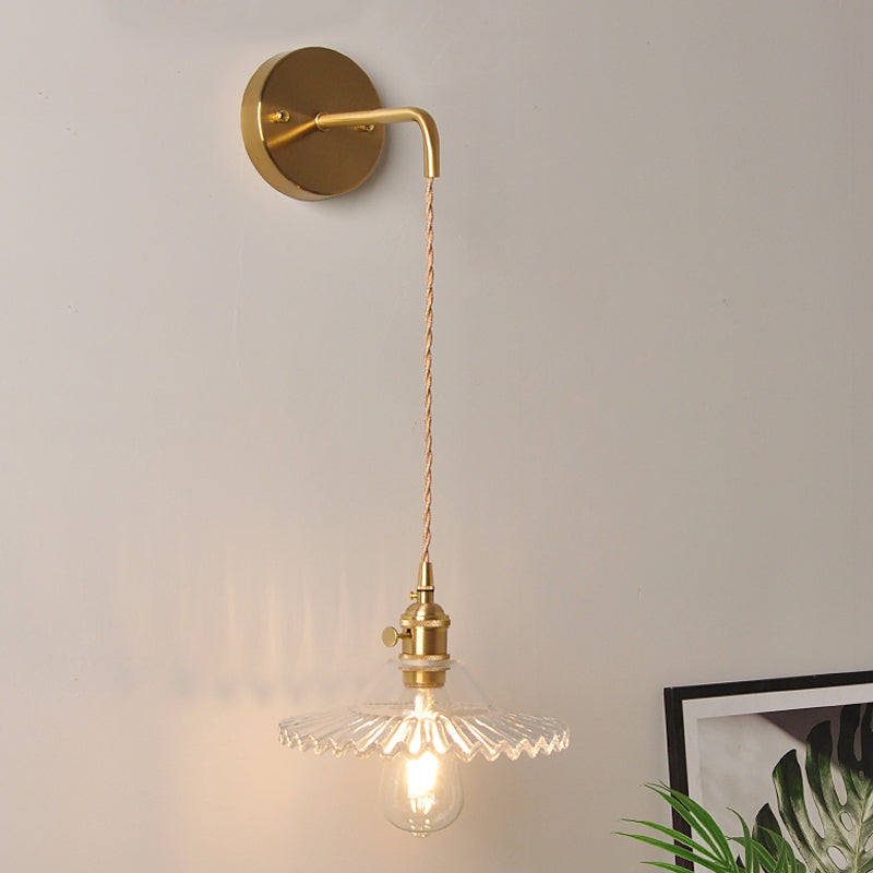 Scalloped Clear/Opal Glass Wall Mounted Lamp Industrial Single Bulb Bedroom Sconce Light in Brass Clear Clearhalo 'Cast Iron' 'Glass' 'Industrial wall lights' 'Industrial' 'Middle century wall lights' 'Modern' 'Tiffany' 'Traditional wall lights' 'Wall Lamps & Sconces' 'Wall Lights' Lighting' 1416096