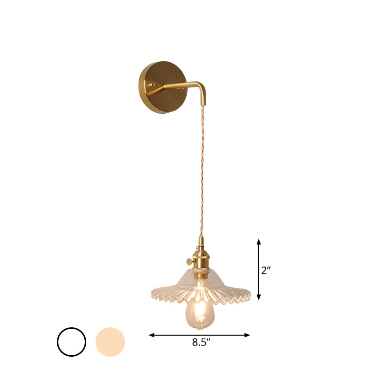 Scalloped Clear/Opal Glass Wall Mounted Lamp Industrial Single Bulb Bedroom Sconce Light in Brass Clearhalo 'Cast Iron' 'Glass' 'Industrial wall lights' 'Industrial' 'Middle century wall lights' 'Modern' 'Tiffany' 'Traditional wall lights' 'Wall Lamps & Sconces' 'Wall Lights' Lighting' 1416100