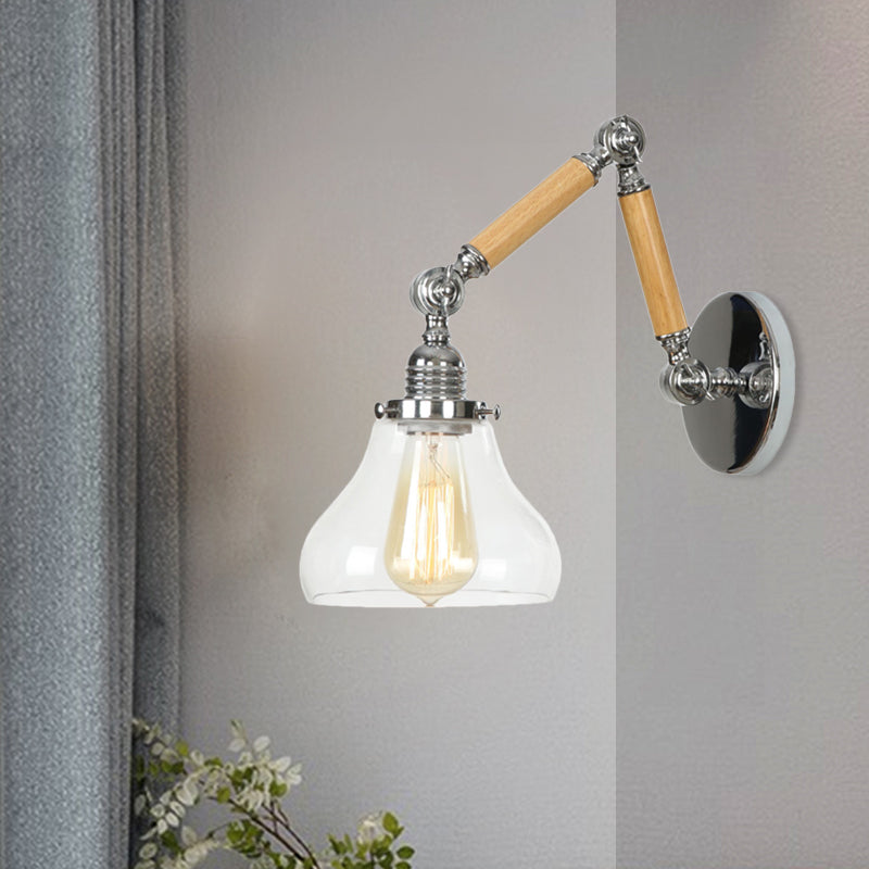 Gourd Living Room Wall Light Fixture Industrial Clear Glass 1 Light Chrome Sconce Lamp with 8"+8"/6"+6"/8"+4" Wooden Arm Clear Clearhalo 'Cast Iron' 'Glass' 'Industrial wall lights' 'Industrial' 'Middle century wall lights' 'Modern' 'Tiffany' 'Traditional wall lights' 'Wall Lamps & Sconces' 'Wall Lights' Lighting' 1416223