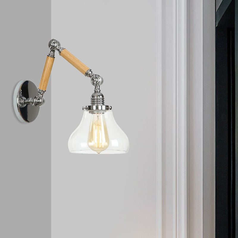 Gourd Living Room Wall Light Fixture Industrial Clear Glass 1 Light Chrome Sconce Lamp with 8"+8"/6"+6"/8"+4" Wooden Arm Clearhalo 'Cast Iron' 'Glass' 'Industrial wall lights' 'Industrial' 'Middle century wall lights' 'Modern' 'Tiffany' 'Traditional wall lights' 'Wall Lamps & Sconces' 'Wall Lights' Lighting' 1416224