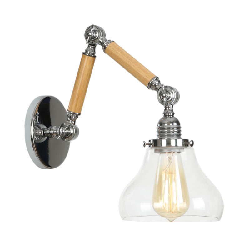 Gourd Living Room Wall Light Fixture Industrial Clear Glass 1 Light Chrome Sconce Lamp with 8"+8"/6"+6"/8"+4" Wooden Arm Clearhalo 'Cast Iron' 'Glass' 'Industrial wall lights' 'Industrial' 'Middle century wall lights' 'Modern' 'Tiffany' 'Traditional wall lights' 'Wall Lamps & Sconces' 'Wall Lights' Lighting' 1416226
