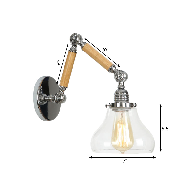 Gourd Living Room Wall Light Fixture Industrial Clear Glass 1 Light Chrome Sconce Lamp with 8"+8"/6"+6"/8"+4" Wooden Arm Clearhalo 'Cast Iron' 'Glass' 'Industrial wall lights' 'Industrial' 'Middle century wall lights' 'Modern' 'Tiffany' 'Traditional wall lights' 'Wall Lamps & Sconces' 'Wall Lights' Lighting' 1416228