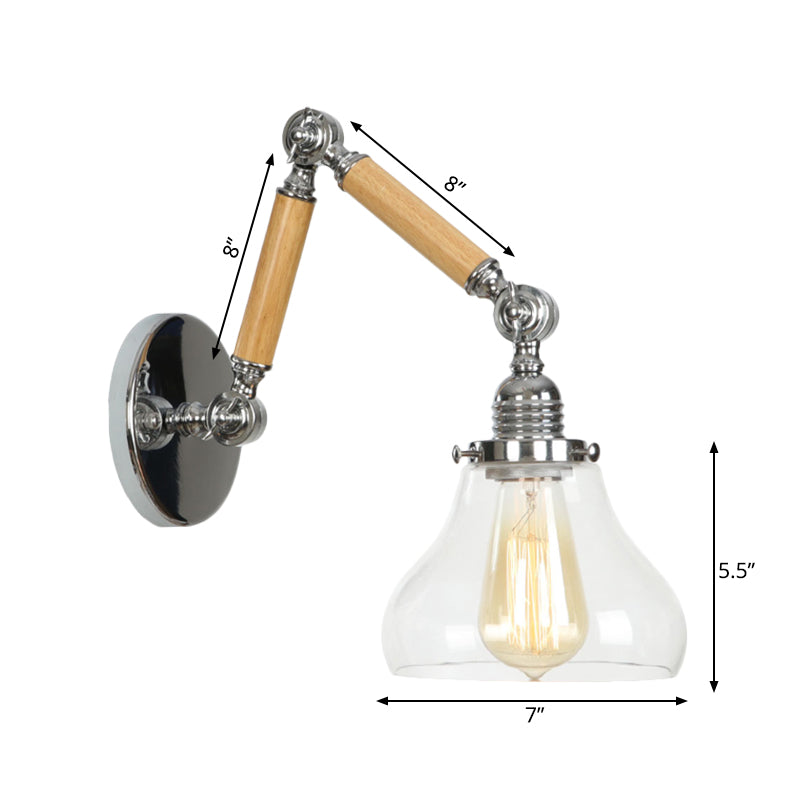 Gourd Living Room Wall Light Fixture Industrial Clear Glass 1 Light Chrome Sconce Lamp with 8"+8"/6"+6"/8"+4" Wooden Arm Clearhalo 'Cast Iron' 'Glass' 'Industrial wall lights' 'Industrial' 'Middle century wall lights' 'Modern' 'Tiffany' 'Traditional wall lights' 'Wall Lamps & Sconces' 'Wall Lights' Lighting' 1416229
