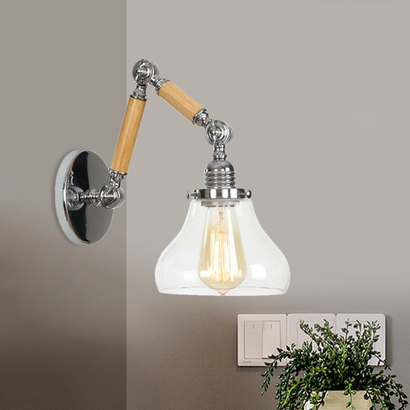 Gourd Living Room Wall Light Fixture Industrial Clear Glass 1 Light Chrome Sconce Lamp with 8"+8"/6"+6"/8"+4" Wooden Arm Clear 8"+4" Clearhalo 'Cast Iron' 'Glass' 'Industrial wall lights' 'Industrial' 'Middle century wall lights' 'Modern' 'Tiffany' 'Traditional wall lights' 'Wall Lamps & Sconces' 'Wall Lights' Lighting' 1416230