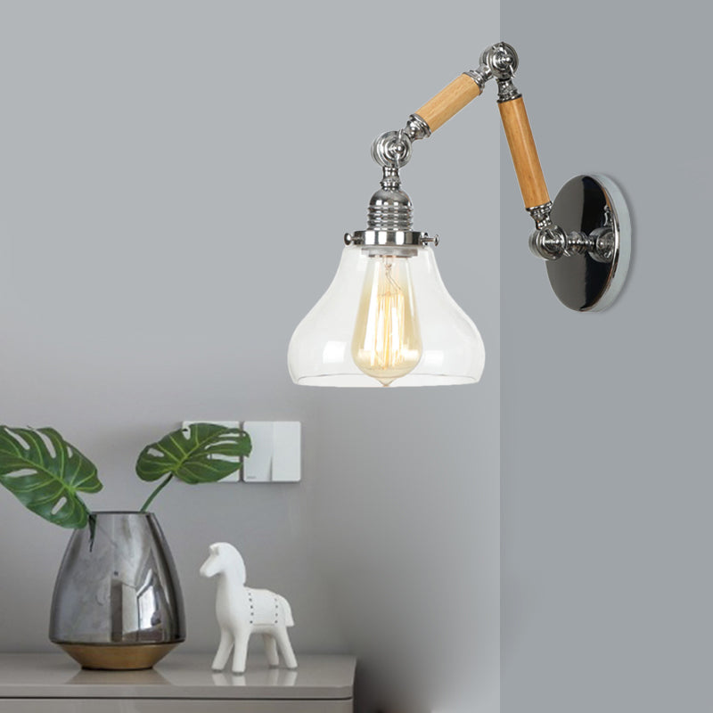 Gourd Living Room Wall Light Fixture Industrial Clear Glass 1 Light Chrome Sconce Lamp with 8"+8"/6"+6"/8"+4" Wooden Arm Clearhalo 'Cast Iron' 'Glass' 'Industrial wall lights' 'Industrial' 'Middle century wall lights' 'Modern' 'Tiffany' 'Traditional wall lights' 'Wall Lamps & Sconces' 'Wall Lights' Lighting' 1416231