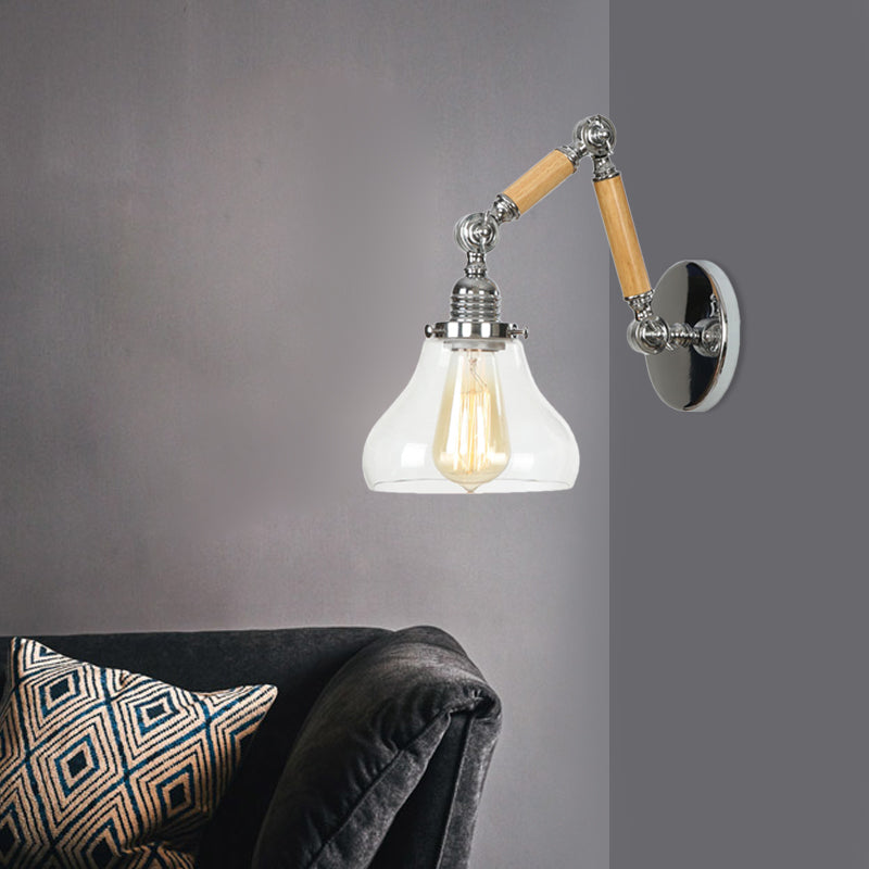 Gourd Living Room Wall Light Fixture Industrial Clear Glass 1 Light Chrome Sconce Lamp with 8"+8"/6"+6"/8"+4" Wooden Arm Clearhalo 'Cast Iron' 'Glass' 'Industrial wall lights' 'Industrial' 'Middle century wall lights' 'Modern' 'Tiffany' 'Traditional wall lights' 'Wall Lamps & Sconces' 'Wall Lights' Lighting' 1416232