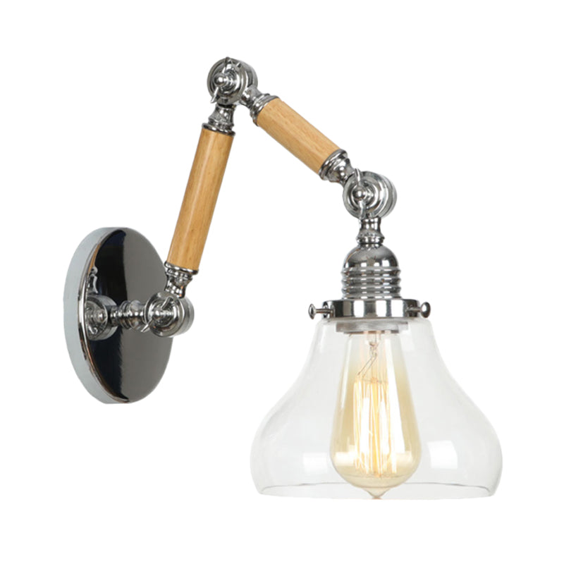 Gourd Living Room Wall Light Fixture Industrial Clear Glass 1 Light Chrome Sconce Lamp with 8"+8"/6"+6"/8"+4" Wooden Arm Clearhalo 'Cast Iron' 'Glass' 'Industrial wall lights' 'Industrial' 'Middle century wall lights' 'Modern' 'Tiffany' 'Traditional wall lights' 'Wall Lamps & Sconces' 'Wall Lights' Lighting' 1416233