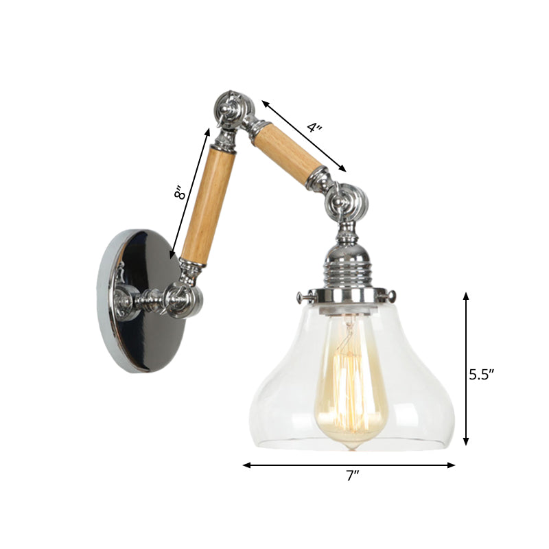 Gourd Living Room Wall Light Fixture Industrial Clear Glass 1 Light Chrome Sconce Lamp with 8"+8"/6"+6"/8"+4" Wooden Arm Clearhalo 'Cast Iron' 'Glass' 'Industrial wall lights' 'Industrial' 'Middle century wall lights' 'Modern' 'Tiffany' 'Traditional wall lights' 'Wall Lamps & Sconces' 'Wall Lights' Lighting' 1416234