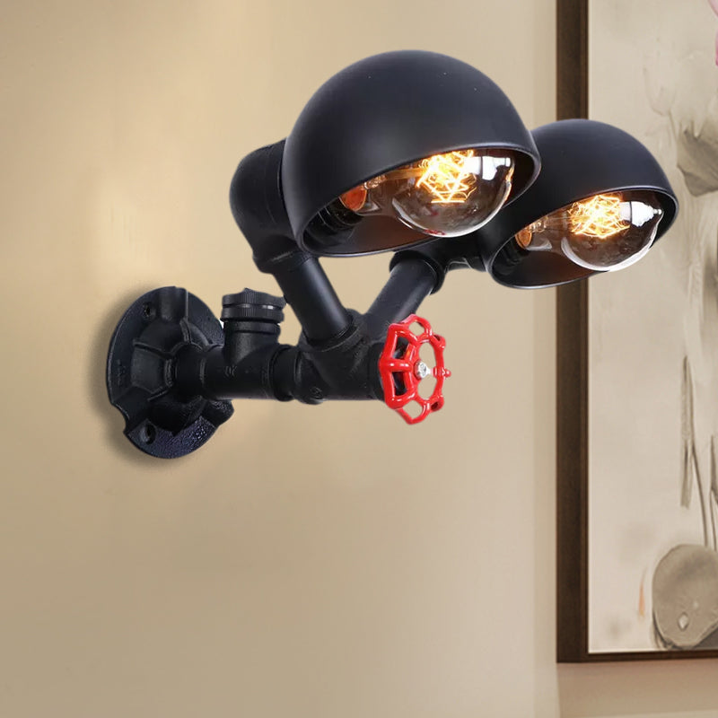 Metallic Dome Shade Wall Light Antique Style 2 Lights Corridor Sconce Light Fixture with Pipe Design in Black Clearhalo 'Art deco wall lights' 'Cast Iron' 'Glass' 'Industrial wall lights' 'Industrial' 'Middle century wall lights' 'Modern' 'Rustic wall lights' 'Tiffany' 'Traditional wall lights' 'Wall Lamps & Sconces' 'Wall Lights' Lighting' 1416256