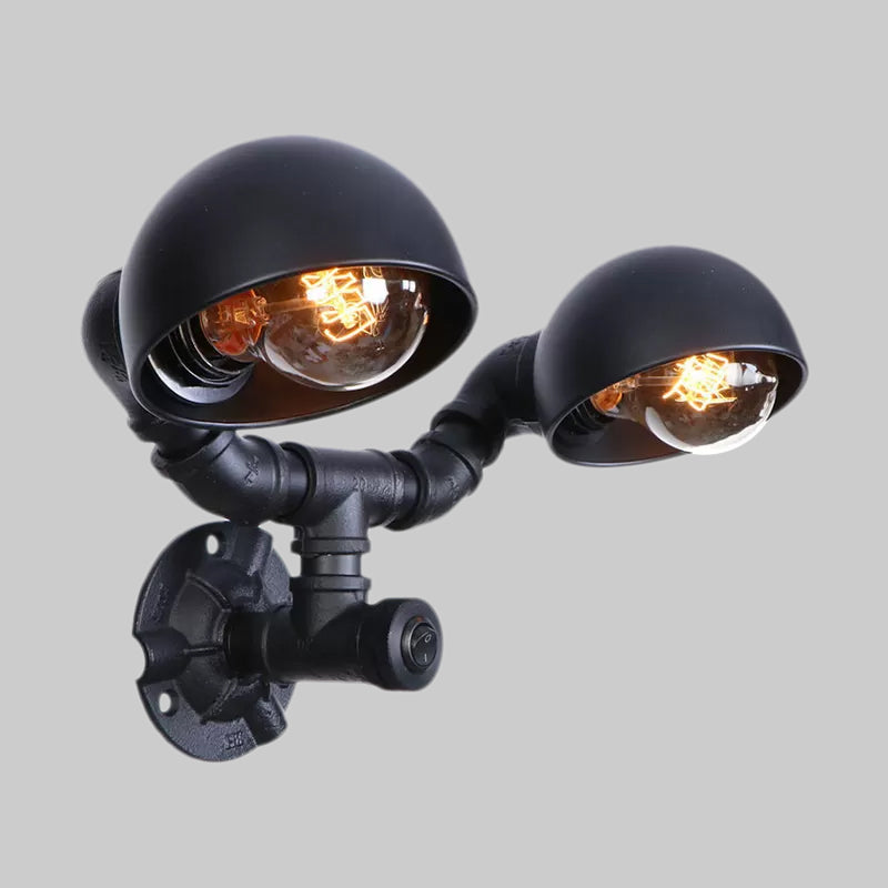 Black 2 Bulbs Wall Light Fixture Industrial Style Metallic Domed Wall Sconce Lamp with Pipe for Corridor Clearhalo 'Art deco wall lights' 'Cast Iron' 'Glass' 'Industrial wall lights' 'Industrial' 'Middle century wall lights' 'Modern' 'Rustic wall lights' 'Tiffany' 'Traditional wall lights' 'Wall Lamps & Sconces' 'Wall Lights' Lighting' 1416280