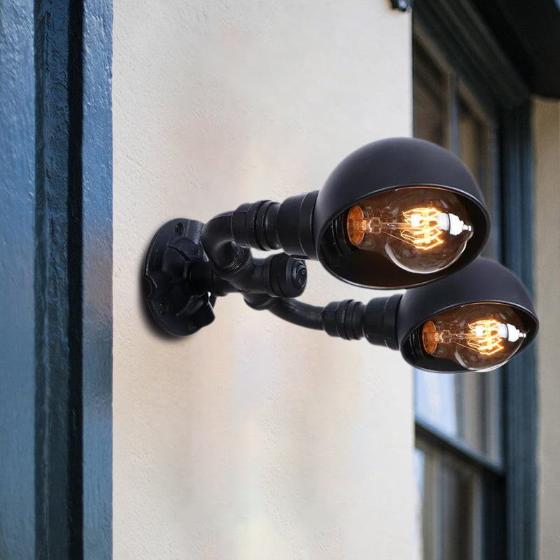 Black 2 Bulbs Wall Light Fixture Industrial Style Metallic Domed Wall Sconce Lamp with Pipe for Corridor Clearhalo 'Art deco wall lights' 'Cast Iron' 'Glass' 'Industrial wall lights' 'Industrial' 'Middle century wall lights' 'Modern' 'Rustic wall lights' 'Tiffany' 'Traditional wall lights' 'Wall Lamps & Sconces' 'Wall Lights' Lighting' 1416281