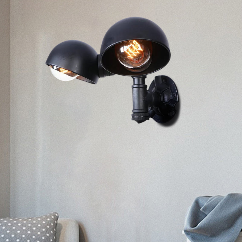Black 2 Bulbs Wall Light Fixture Industrial Style Metallic Domed Wall Sconce Lamp with Pipe for Corridor Clearhalo 'Art deco wall lights' 'Cast Iron' 'Glass' 'Industrial wall lights' 'Industrial' 'Middle century wall lights' 'Modern' 'Rustic wall lights' 'Tiffany' 'Traditional wall lights' 'Wall Lamps & Sconces' 'Wall Lights' Lighting' 1416283