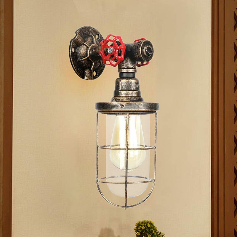 Wire Guard Iron Wall Sconce Lamp with Water Pipe Rustic Style 1 Light Bathroom Wall Light Fixture in Aged Brass Clearhalo 'Art deco wall lights' 'Cast Iron' 'Glass' 'Industrial wall lights' 'Industrial' 'Middle century wall lights' 'Modern' 'Rustic wall lights' 'Tiffany' 'Traditional wall lights' 'Wall Lamps & Sconces' 'Wall Lights' Lighting' 1416313