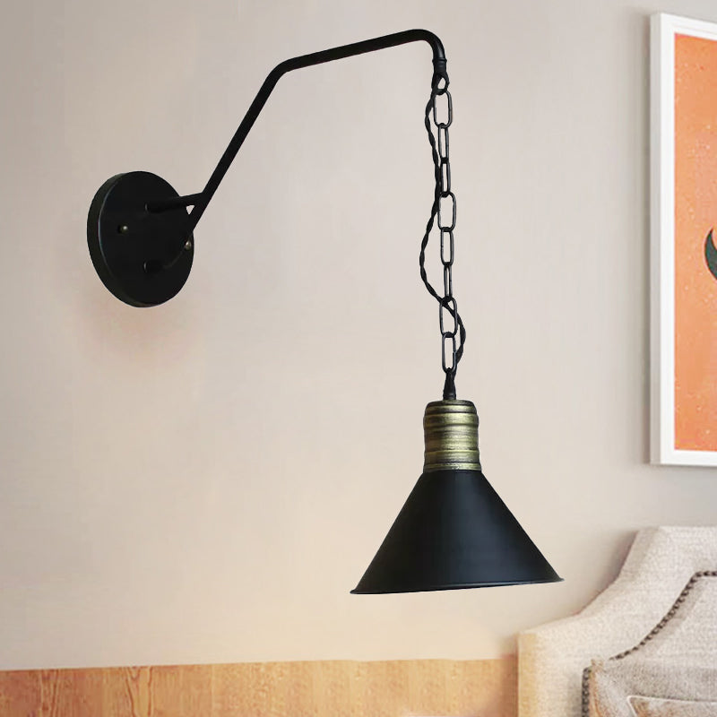 Black Conical Wall Lighting Industrial Retro Iron 1 Light Dining Room Sconce Light Fixture with Chain Clearhalo 'Art deco wall lights' 'Cast Iron' 'Glass' 'Industrial wall lights' 'Industrial' 'Middle century wall lights' 'Modern' 'Rustic wall lights' 'Tiffany' 'Traditional wall lights' 'Wall Lamps & Sconces' 'Wall Lights' Lighting' 1416404