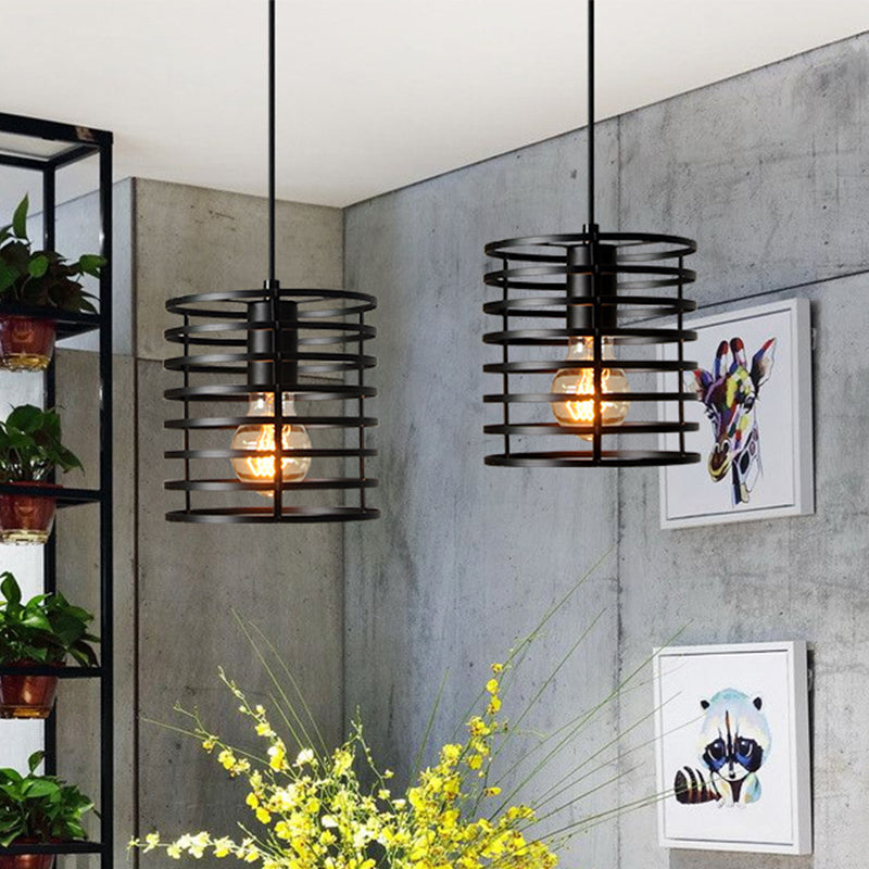 Black/White Cylinder Cage Ceiling Pendant Retro Stylish Metal 1 Bulb Indoor Height Adjustable Hanging Lamp Clearhalo 'Art Deco Pendants' 'Black' 'Cast Iron' 'Ceiling Lights' 'Ceramic' 'Crystal' 'Industrial Pendants' 'Industrial' 'Metal' 'Middle Century Pendants' 'Pendant Lights' 'Pendants' 'Rustic Pendants' 'Tiffany' Lighting' 1416427