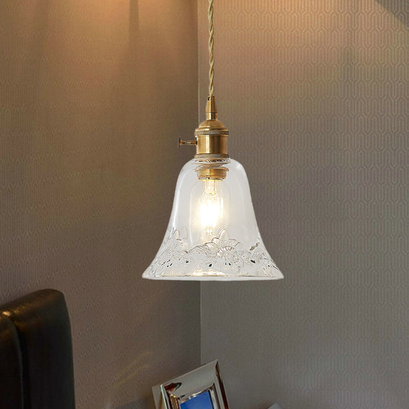 One Light Ceiling Light Modern Bell Shaped Clear Glass Pendant Lighting Fixture with Flower/Spiral Design Clearhalo 'Ceiling Lights' 'Glass shade' 'Glass' 'Industrial Pendants' 'Industrial' 'Middle Century Pendants' 'Pendant Lights' 'Pendants' 'Tiffany' Lighting' 1416529