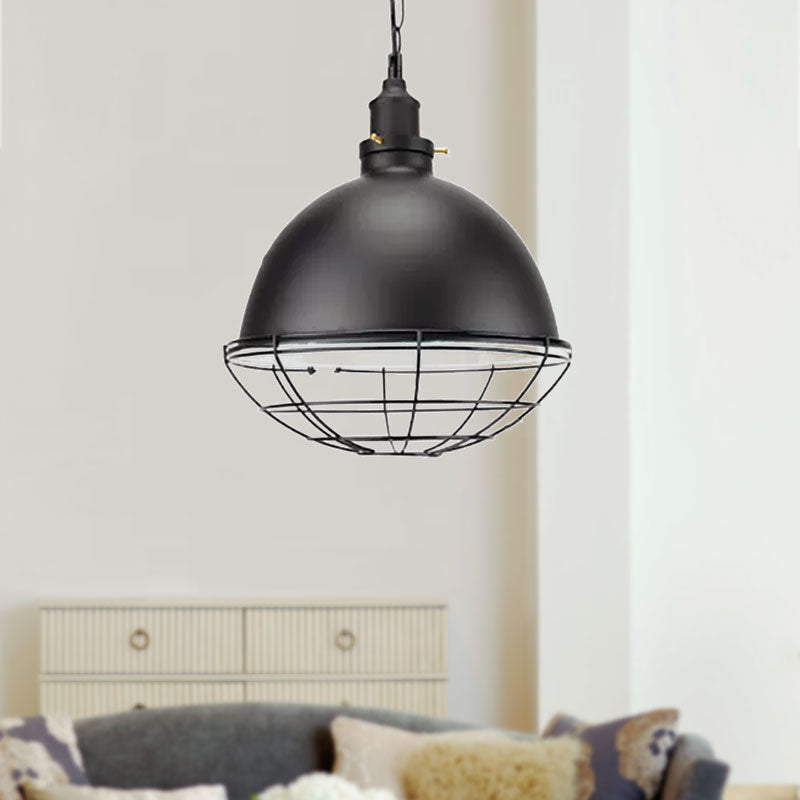 Bowl Shade Indoor Pendant Light Retro Industrial Metal 1 Bulb Black/White/Red Ceiling Light with Wire Guard and Chain Clearhalo 'Art Deco Pendants' 'Black' 'Cast Iron' 'Ceiling Lights' 'Ceramic' 'Crystal' 'Industrial Pendants' 'Industrial' 'Metal' 'Middle Century Pendants' 'Pendant Lights' 'Pendants' 'Rustic Pendants' 'Tiffany' Lighting' 1417019