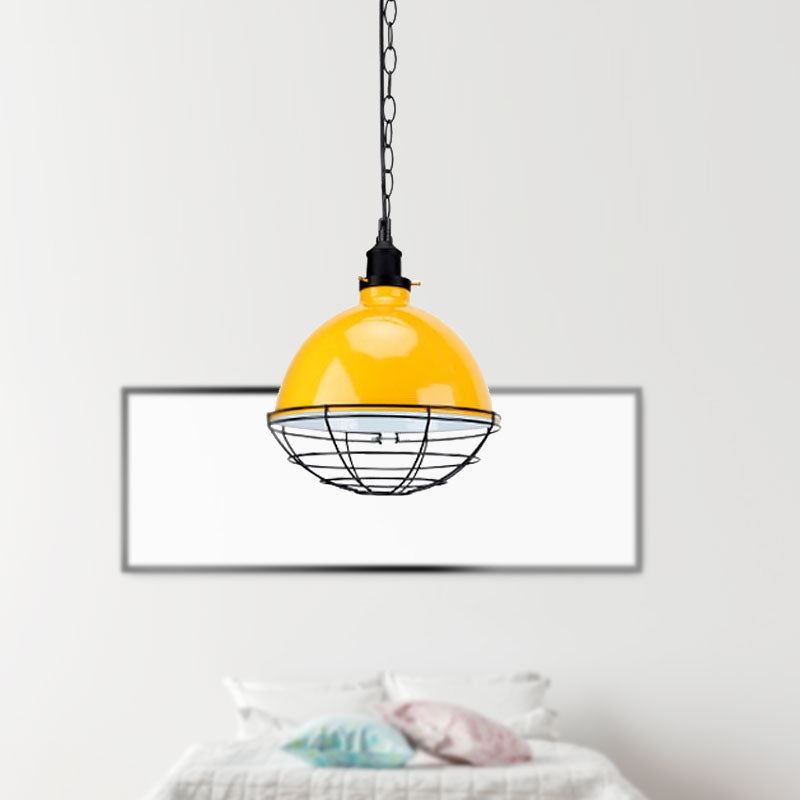 Bowl Shade Indoor Pendant Light Retro Industrial Metal 1 Bulb Black/White/Red Ceiling Light with Wire Guard and Chain Clearhalo 'Art Deco Pendants' 'Black' 'Cast Iron' 'Ceiling Lights' 'Ceramic' 'Crystal' 'Industrial Pendants' 'Industrial' 'Metal' 'Middle Century Pendants' 'Pendant Lights' 'Pendants' 'Rustic Pendants' 'Tiffany' Lighting' 1417024