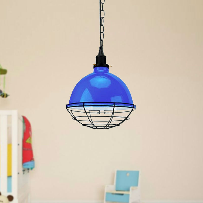 Bowl Shade Indoor Pendant Light Retro Industrial Metal 1 Bulb Black/White/Red Ceiling Light with Wire Guard and Chain Clearhalo 'Art Deco Pendants' 'Black' 'Cast Iron' 'Ceiling Lights' 'Ceramic' 'Crystal' 'Industrial Pendants' 'Industrial' 'Metal' 'Middle Century Pendants' 'Pendant Lights' 'Pendants' 'Rustic Pendants' 'Tiffany' Lighting' 1417028