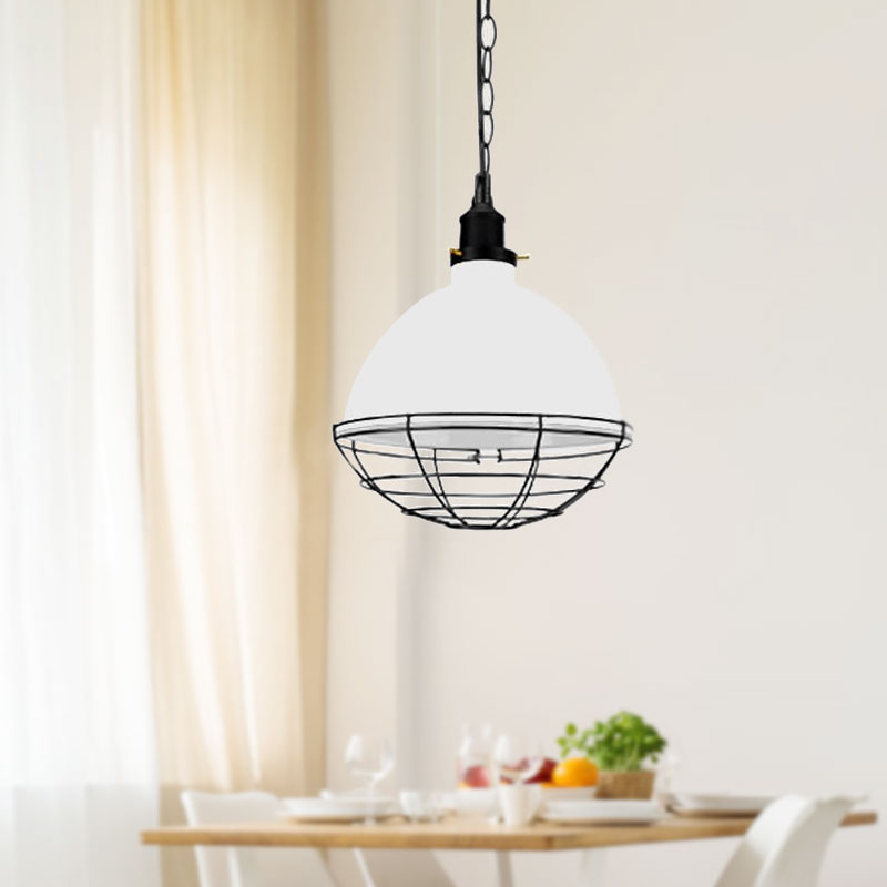 Bowl Shade Indoor Pendant Light Retro Industrial Metal 1 Bulb Black/White/Red Ceiling Light with Wire Guard and Chain Clearhalo 'Art Deco Pendants' 'Black' 'Cast Iron' 'Ceiling Lights' 'Ceramic' 'Crystal' 'Industrial Pendants' 'Industrial' 'Metal' 'Middle Century Pendants' 'Pendant Lights' 'Pendants' 'Rustic Pendants' 'Tiffany' Lighting' 1417031