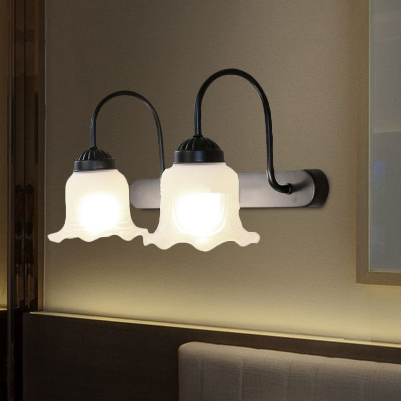 White Glass Black Sconce Light Scalloped 2-Light Industrial Wall Lamp Fixture for Living Room Clearhalo 'Cast Iron' 'Glass' 'Industrial' 'Modern wall lights' 'Modern' 'Tiffany' 'Traditional wall lights' 'Wall Lamps & Sconces' 'Wall Lights' Lighting' 1417151