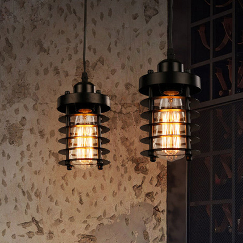 1 Head Pendant Light Industrial Cylinder Cage Shade Metallic Ceiling Light Fixture in Matte Black/Rust over Table Clearhalo 'Art Deco Pendants' 'Black' 'Cast Iron' 'Ceiling Lights' 'Ceramic' 'Crystal' 'Industrial Pendants' 'Industrial' 'Metal' 'Middle Century Pendants' 'Pendant Lights' 'Pendants' 'Rustic Pendants' 'Tiffany' Lighting' 1417188