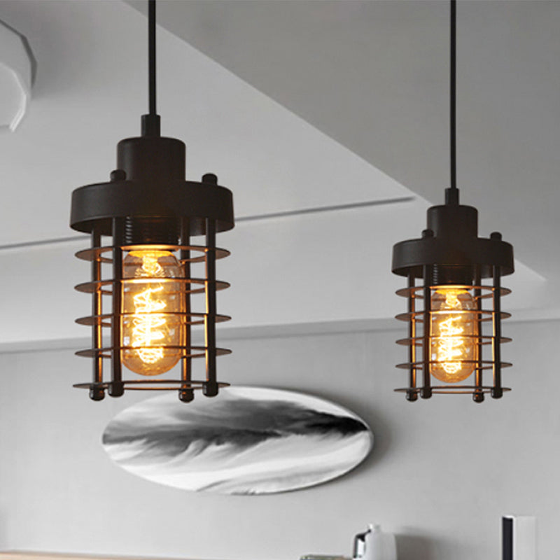1 Head Pendant Light Industrial Cylinder Cage Shade Metallic Ceiling Light Fixture in Matte Black/Rust over Table Clearhalo 'Art Deco Pendants' 'Black' 'Cast Iron' 'Ceiling Lights' 'Ceramic' 'Crystal' 'Industrial Pendants' 'Industrial' 'Metal' 'Middle Century Pendants' 'Pendant Lights' 'Pendants' 'Rustic Pendants' 'Tiffany' Lighting' 1417193