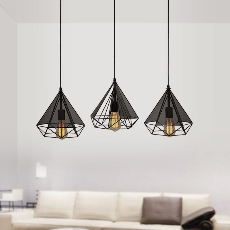 Black Diamond Cage Hanging Light Retro Style Metallic 3 Heads Dining Room Pendant Lighting with Round/Linear Canopy Clearhalo 'Art Deco Pendants' 'Black' 'Cast Iron' 'Ceiling Lights' 'Ceramic' 'Crystal' 'Industrial Pendants' 'Industrial' 'Metal' 'Middle Century Pendants' 'Pendant Lights' 'Pendants' 'Rustic Pendants' 'Tiffany' Lighting' 1417277