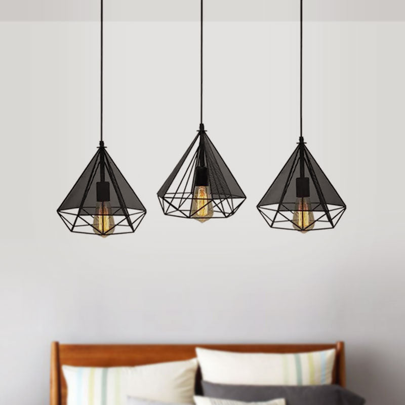 Black Diamond Cage Hanging Light Retro Style Metallic 3 Heads Dining Room Pendant Lighting with Round/Linear Canopy Clearhalo 'Art Deco Pendants' 'Black' 'Cast Iron' 'Ceiling Lights' 'Ceramic' 'Crystal' 'Industrial Pendants' 'Industrial' 'Metal' 'Middle Century Pendants' 'Pendant Lights' 'Pendants' 'Rustic Pendants' 'Tiffany' Lighting' 1417278