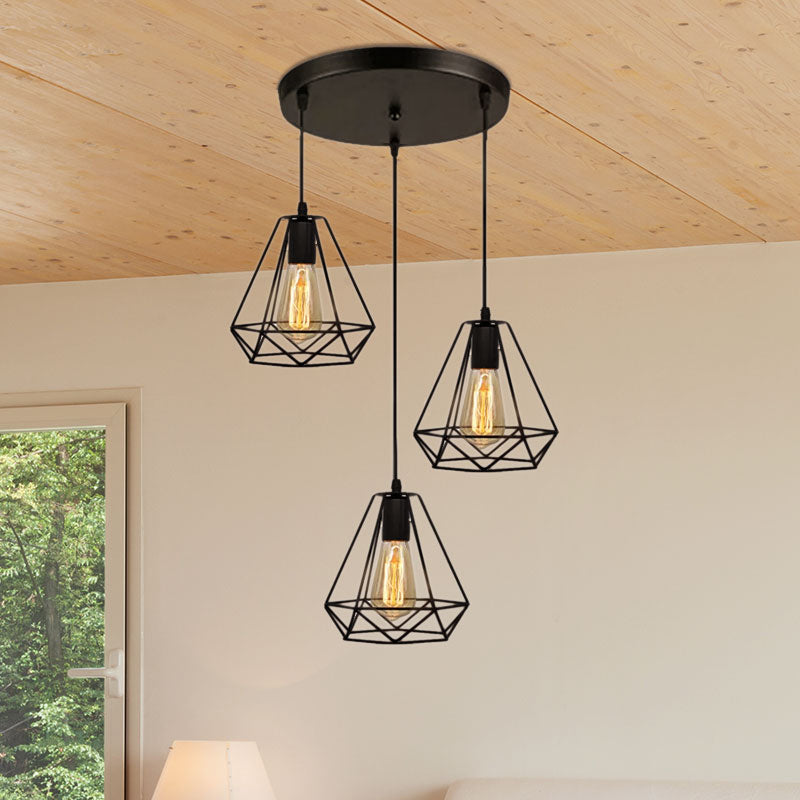 Metal Teardrop Cage Hanging Lighting Vintage Industrial 3 Lights Living Room Pendant Light in Black Clearhalo 'Art Deco Pendants' 'Black' 'Cast Iron' 'Ceiling Lights' 'Ceramic' 'Crystal' 'Industrial Pendants' 'Industrial' 'Metal' 'Middle Century Pendants' 'Pendant Lights' 'Pendants' 'Rustic Pendants' 'Tiffany' Lighting' 1417280