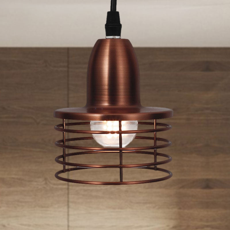 1 Light Drum Pendant Lighting with Wire Cage Shade Industrial Retro Black/Bronze Metal Ceiling Pendant for Kitchen Clearhalo 'Art Deco Pendants' 'Black' 'Cast Iron' 'Ceiling Lights' 'Ceramic' 'Crystal' 'Industrial Pendants' 'Industrial' 'Metal' 'Middle Century Pendants' 'Pendant Lights' 'Pendants' 'Rustic Pendants' 'Tiffany' Lighting' 1417329